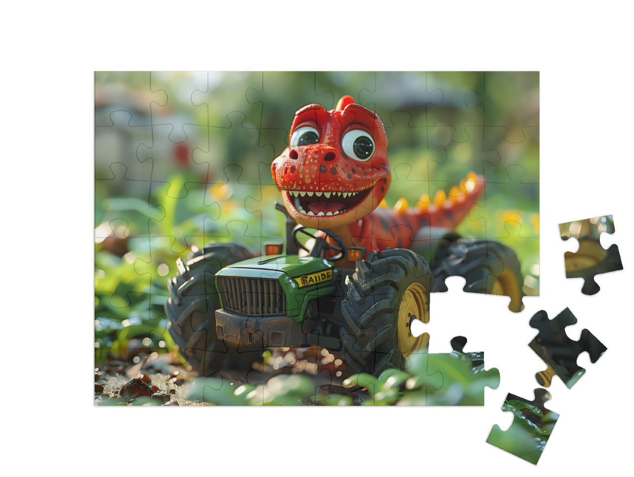 Baby Dinosaur on a Tractor in the Forest Jigsaw Puzzle with 48 pieces