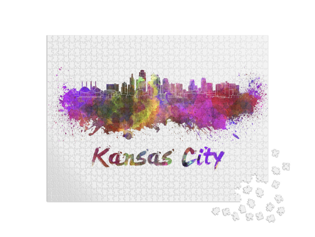 Kansas City Skyline in Watercolor Splatters with Clipping... Jigsaw Puzzle with 1000 pieces