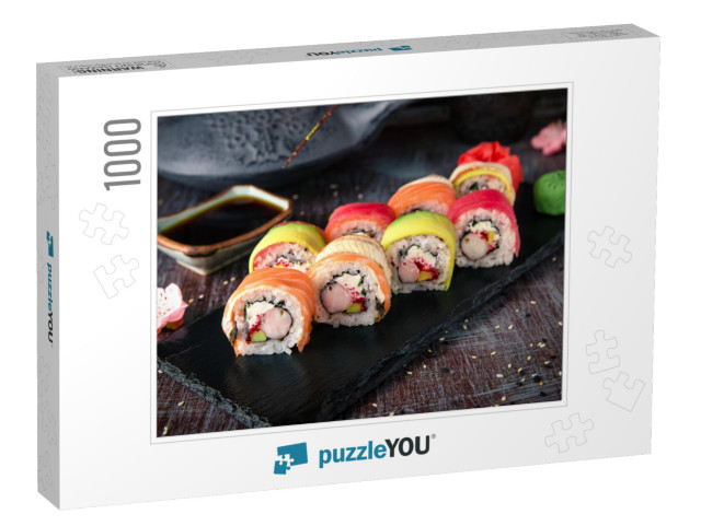 Rainbow Sushi Roll with Salmon, Eel, Tuna, Avocado, Royal... Jigsaw Puzzle with 1000 pieces