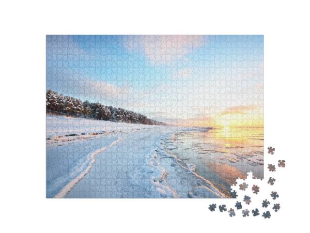 Panoramic View of the Frozen Baltic Sea Shore At Sunset... Jigsaw Puzzle with 1000 pieces