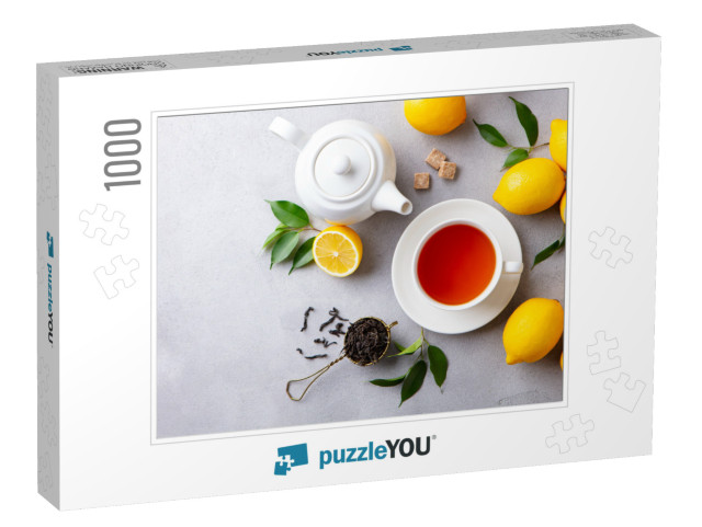 Tea Cup & Pot with Lemon. Grey Background. Copy Space. To... Jigsaw Puzzle with 1000 pieces