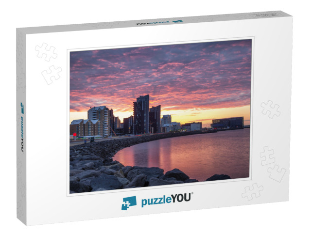 Sunset Over the Bay Embankment of Reykjavik. Colorful Sky... Jigsaw Puzzle