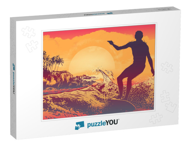 Silhouette Surfer, Big Wave & Tropical Coast with Palm Tr... Jigsaw Puzzle