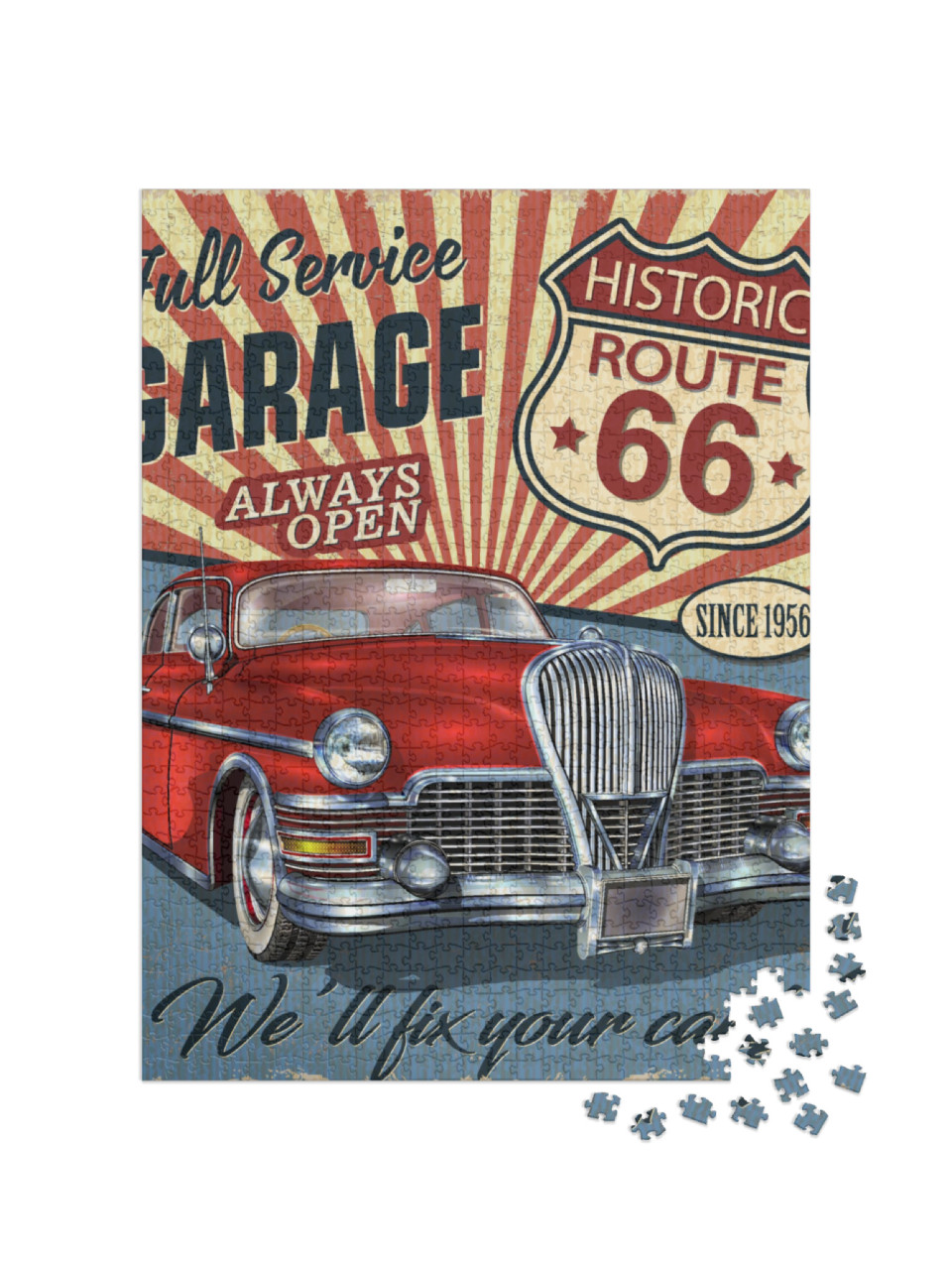 Vintage Route 66 Garage Retro Poster with Retro Car... Jigsaw Puzzle with 1000 pieces