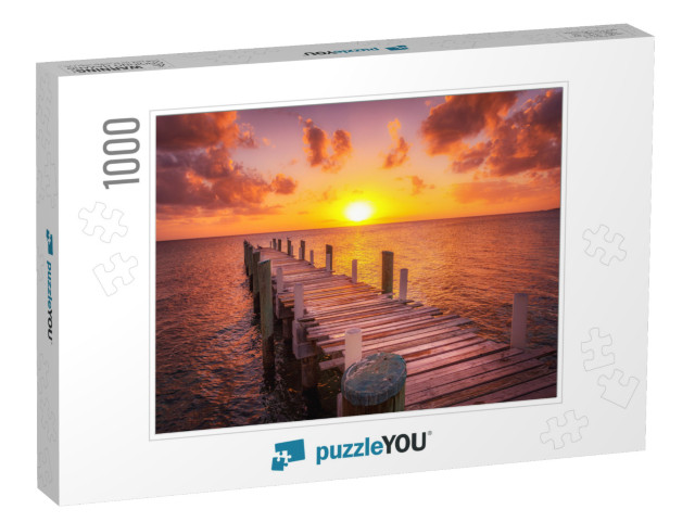 Dock During Caribbean Sunset, Beautiful Magenta Colors &... Jigsaw Puzzle with 1000 pieces