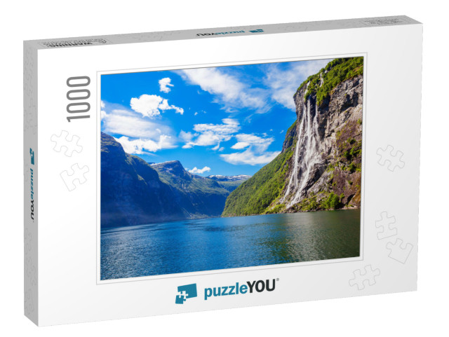 The Seven Sisters Waterfall Over Geirangerfjord, Located... Jigsaw Puzzle with 1000 pieces