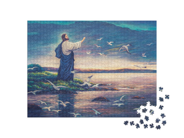 Oil Painting of Jesus Standing At the Sea Side & Raise Ha... Jigsaw Puzzle with 1000 pieces