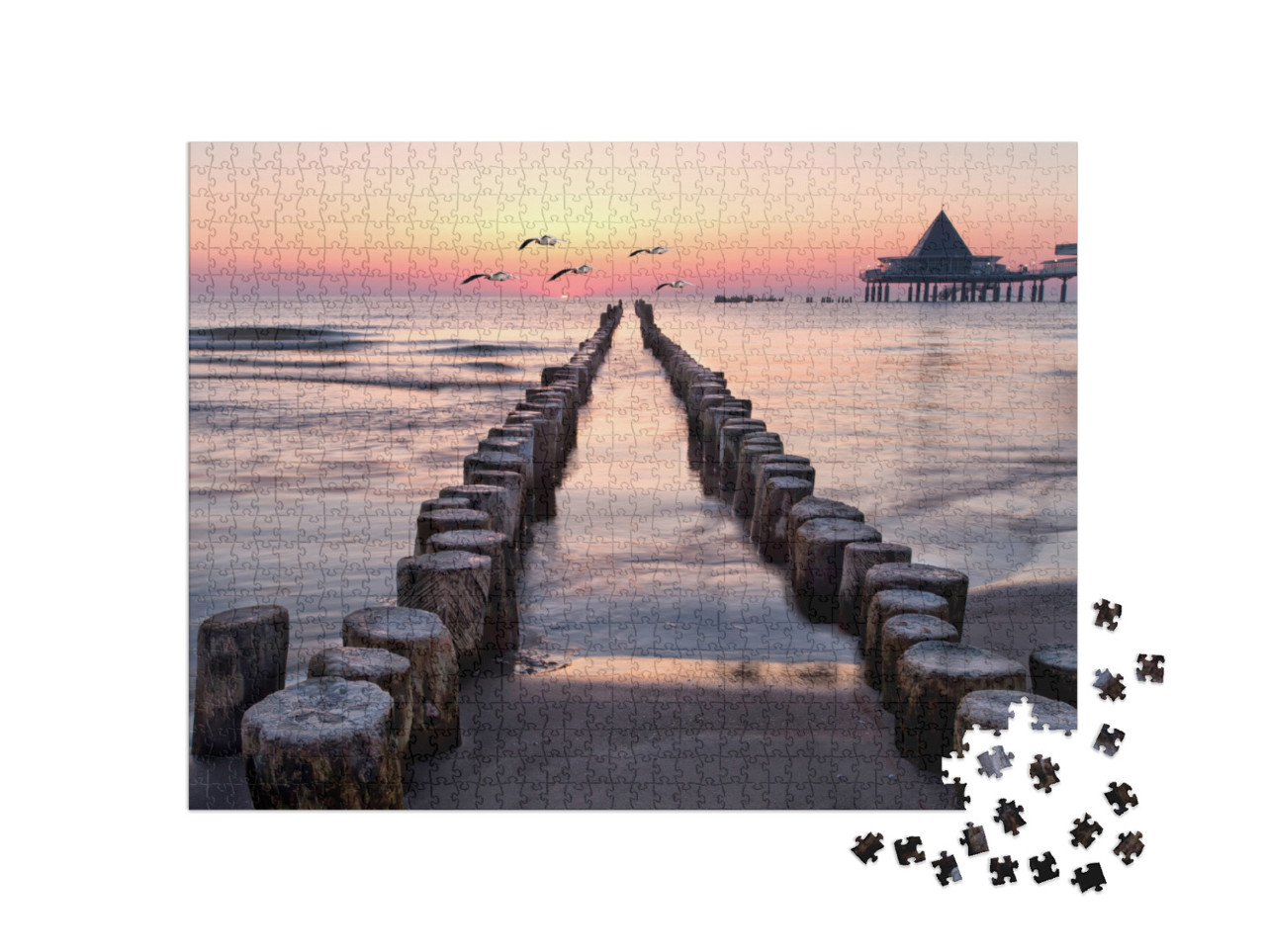 Sunrise with Seagulls on the Beach of Usedom, Baltic Sea... Jigsaw Puzzle with 1000 pieces