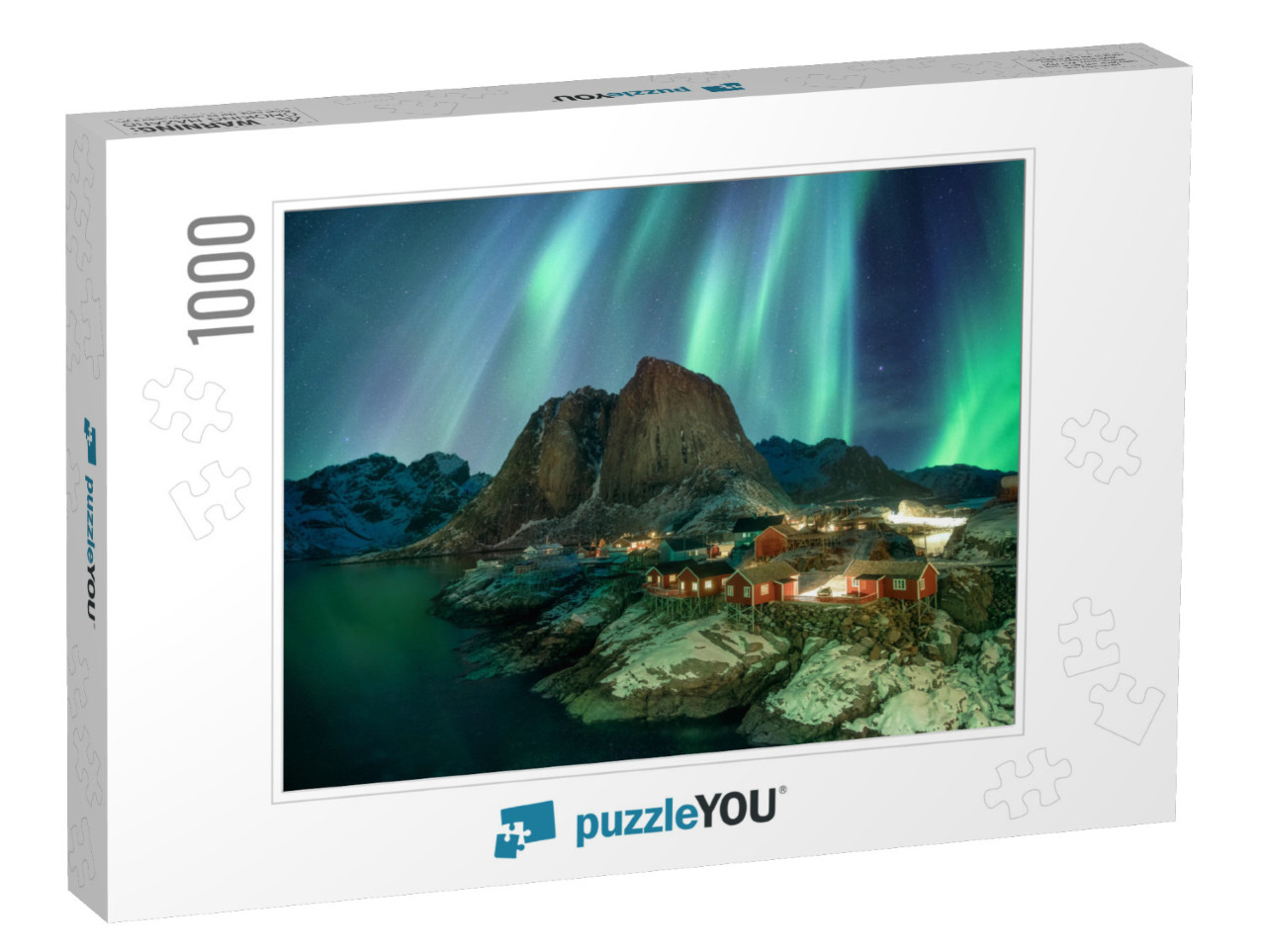 Northern Lights Over Fishing Village with Mountain Range... Jigsaw Puzzle with 1000 pieces