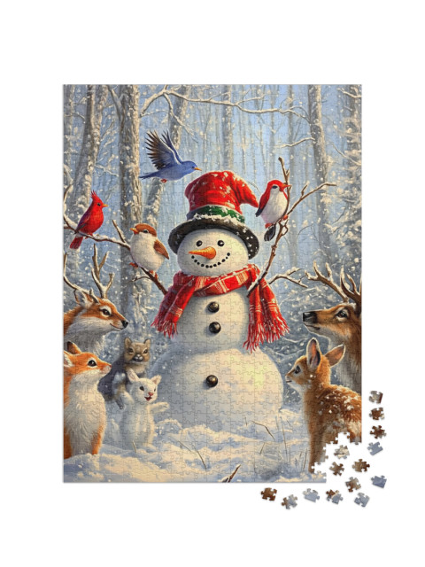 Happy Snowman in the Forest of Animals Jigsaw Puzzle with 1000 pieces