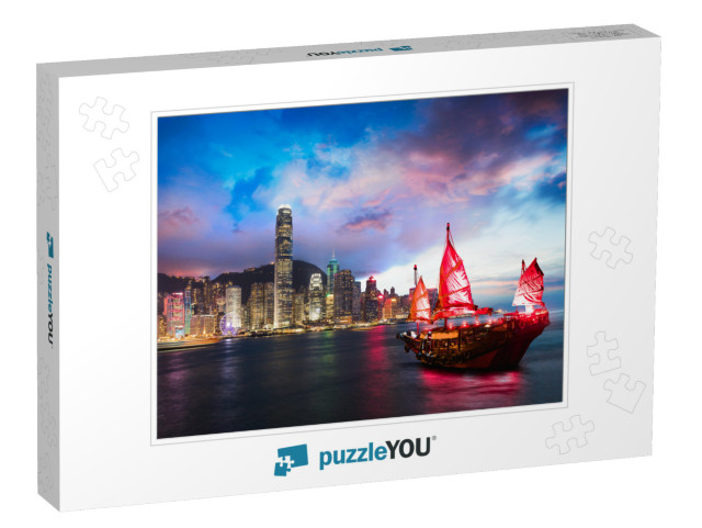 Victoria Harbor Hong Kong Night View with Junk Ship on Fo... Jigsaw Puzzle