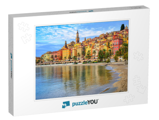 Sand Beach Beneath the Colorful Old Town Menton on French... Jigsaw Puzzle