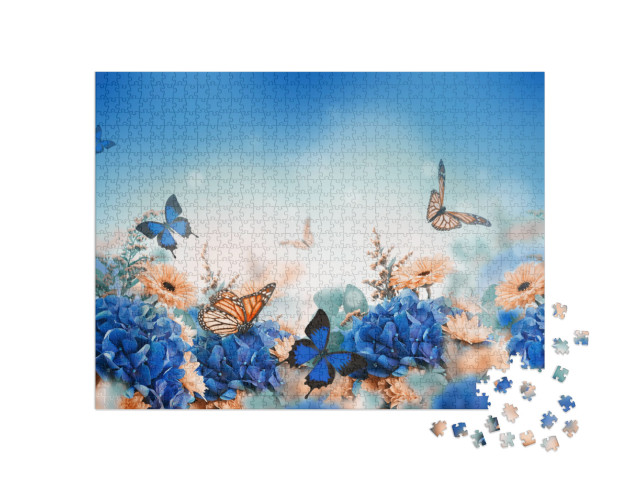 Amazing Background with Hydrangeas & Daisies. Yellow & Bl... Jigsaw Puzzle with 1000 pieces