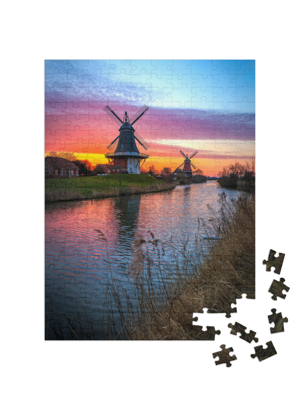 The Famous Twin Mills of Greetsiel, East Frisia At Sunris... Jigsaw Puzzle with 200 pieces