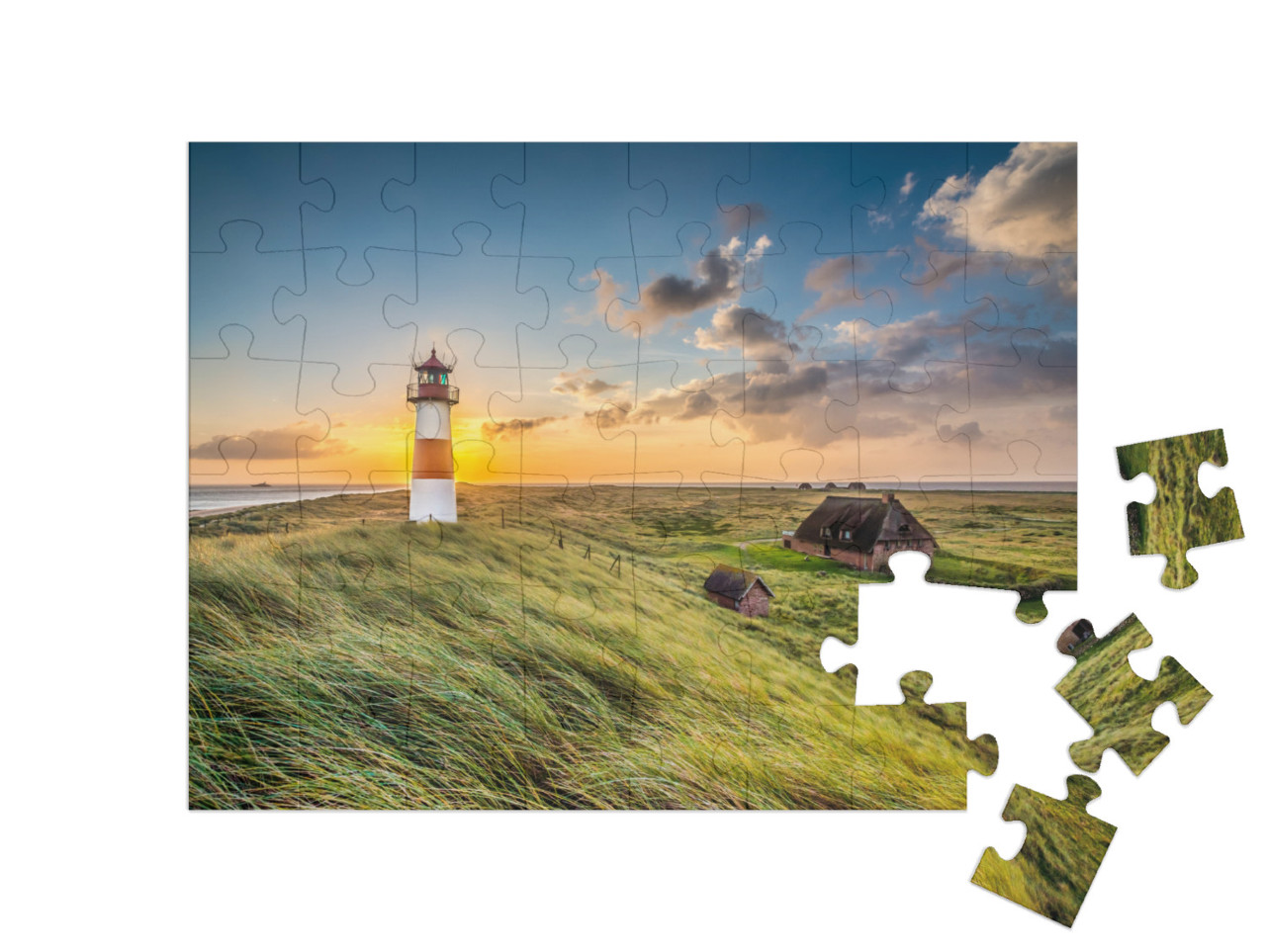 Sunrise At Lighthouse in List on the Island of Sylt, Schl... Jigsaw Puzzle with 48 pieces