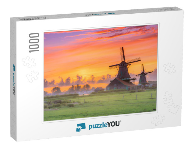 Traditional Village with Dutch Windmills & River At Sunse... Jigsaw Puzzle with 1000 pieces