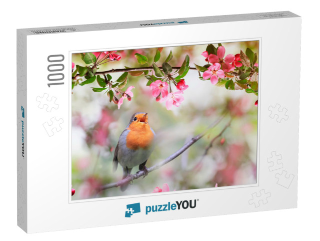 Small Songbird, a Robin, Sits in a Sunny Garden in May Am... Jigsaw Puzzle with 1000 pieces