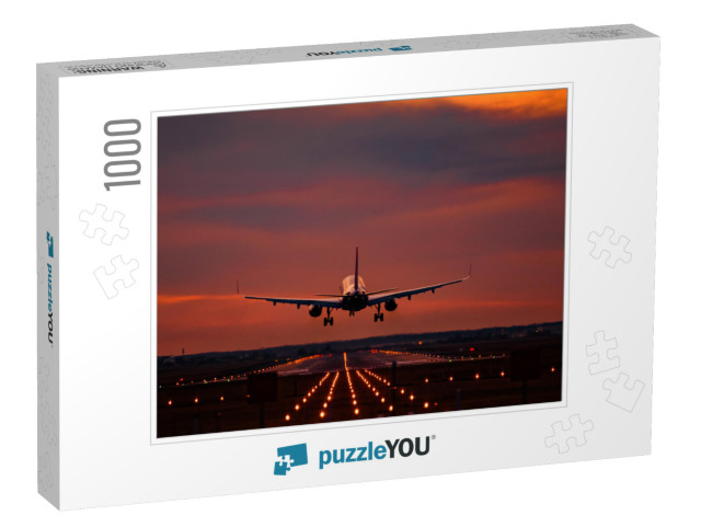 Airplane Landing At Sunset on Otopeni Airport... Jigsaw Puzzle with 1000 pieces