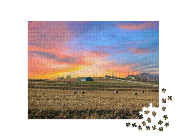 A Desolate Corn Field in the Middle of Iowa Under a Orang... Jigsaw Puzzle with 1000 pieces