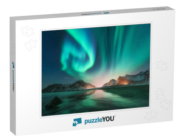 Aurora Borealis in Lofoten Islands, Norway. Aurora. Green... Jigsaw Puzzle