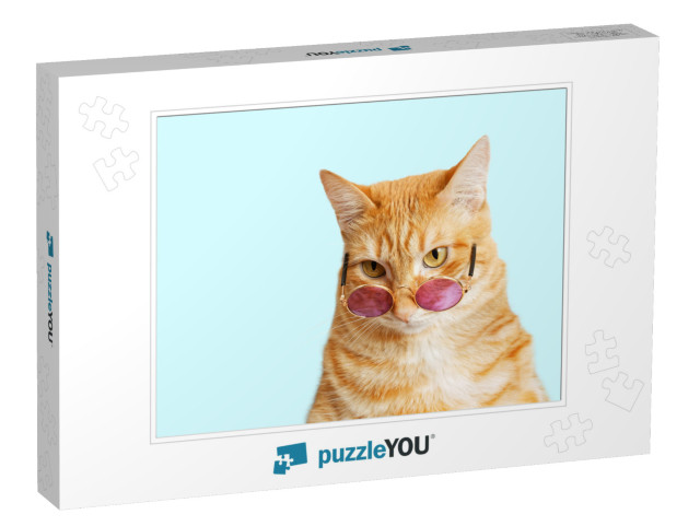 Closeup Portrait of Funny Ginger Cat Wearing Sunglasses I... Jigsaw Puzzle