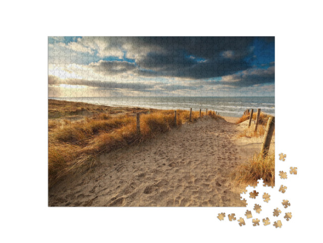 Sunset Over Sand Path to North Sea, Holland... Jigsaw Puzzle with 1000 pieces