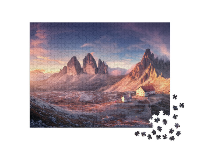 Mountain Valley with Beautiful House & Church At Sunset i... Jigsaw Puzzle with 1000 pieces