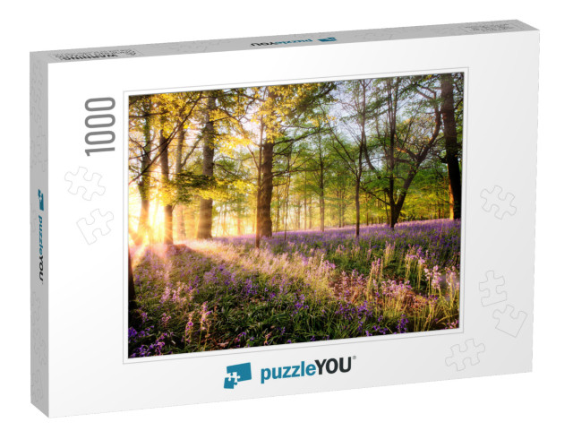 Amazing Sunrise Through Bluebell Woodland. Wild Spring Fl... Jigsaw Puzzle with 1000 pieces