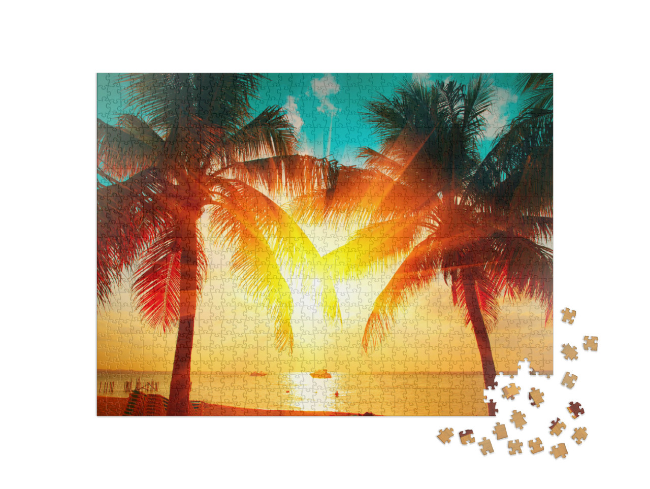 Sunset Beach with Palm Trees & Beautiful Sky Landscape. T... Jigsaw Puzzle with 1000 pieces