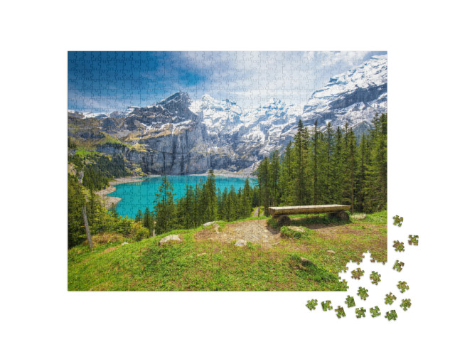 Amazing Turquoise Oeschinnensee with Waterfalls & Swiss A... Jigsaw Puzzle with 1000 pieces