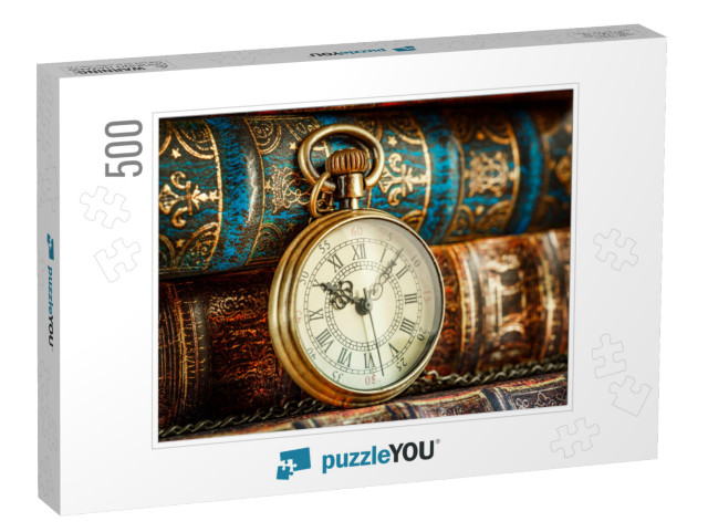 Vintage Antique Pocket Watch on the Background of Old Boo... Jigsaw Puzzle with 500 pieces