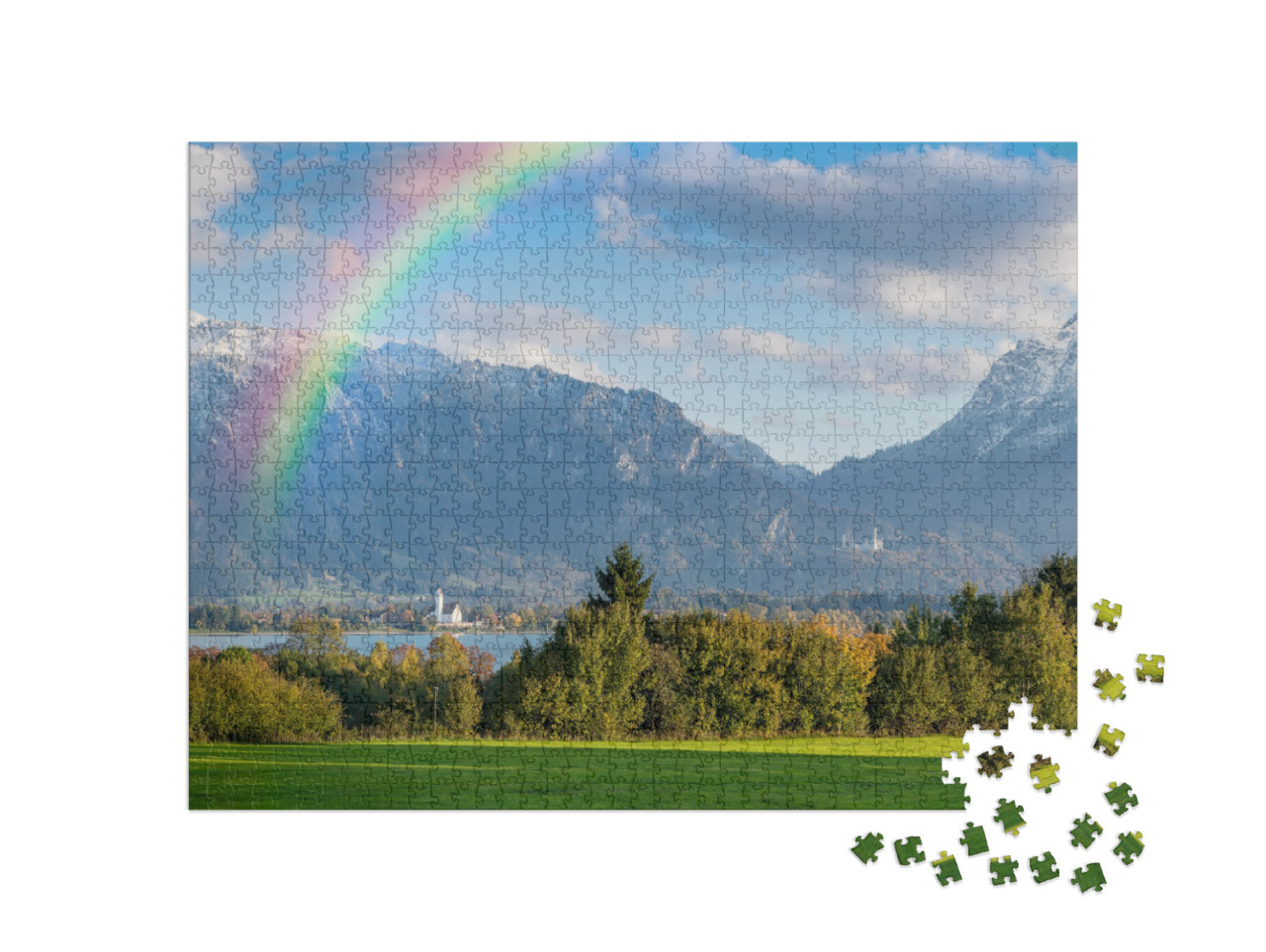 Autumn Landscape Panorama with Rainbow Over Lake & Alps M... Jigsaw Puzzle with 1000 pieces