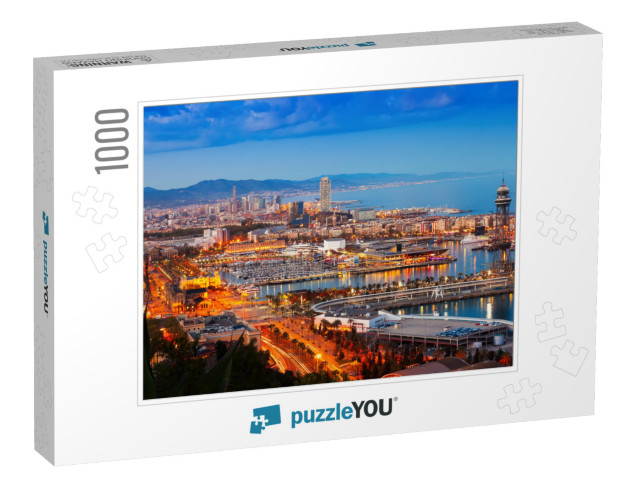 Panorama of Barcelona with Port in Night Time. Catalonia... Jigsaw Puzzle with 1000 pieces