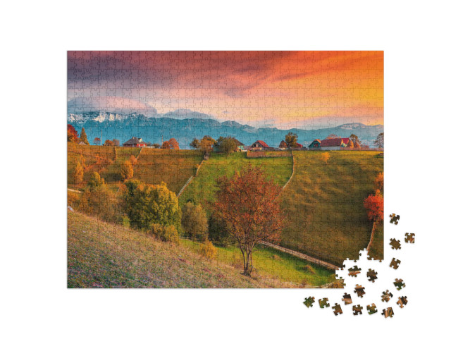 Beautiful Autumn Alpine Landscape, Famous Alpine Village... Jigsaw Puzzle with 1000 pieces