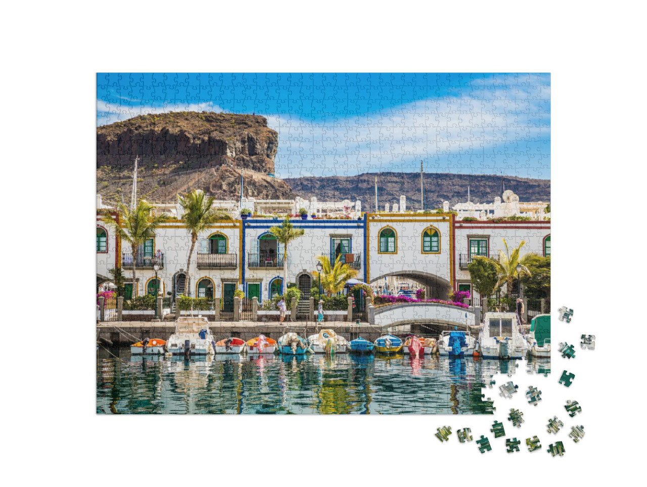 Traditional Colorful Buildings with Boats in Front & Moun... Jigsaw Puzzle with 1000 pieces