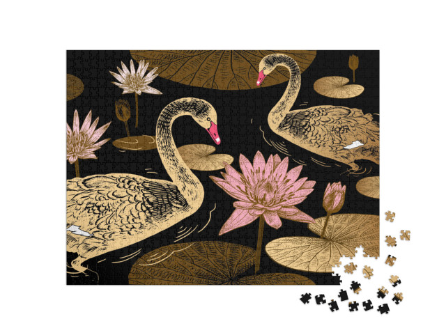 Seamless Pattern with Birds Swans, Flowers & Leaves of Wa... Jigsaw Puzzle with 1000 pieces