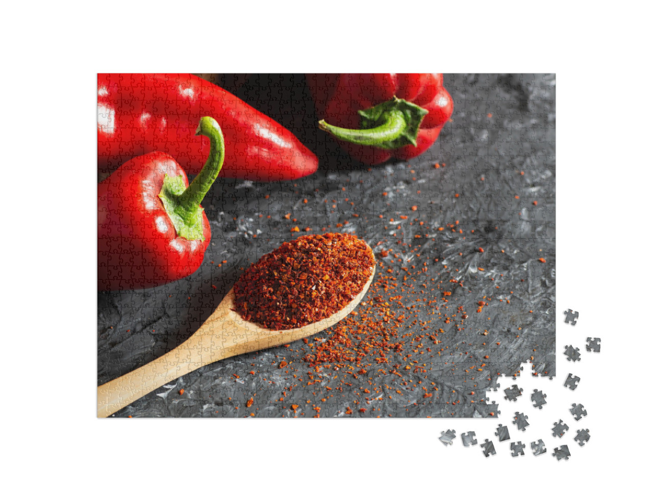 Fresh Capia Peppers & Chili Flakes or Powder in Wooden Sp... Jigsaw Puzzle with 1000 pieces