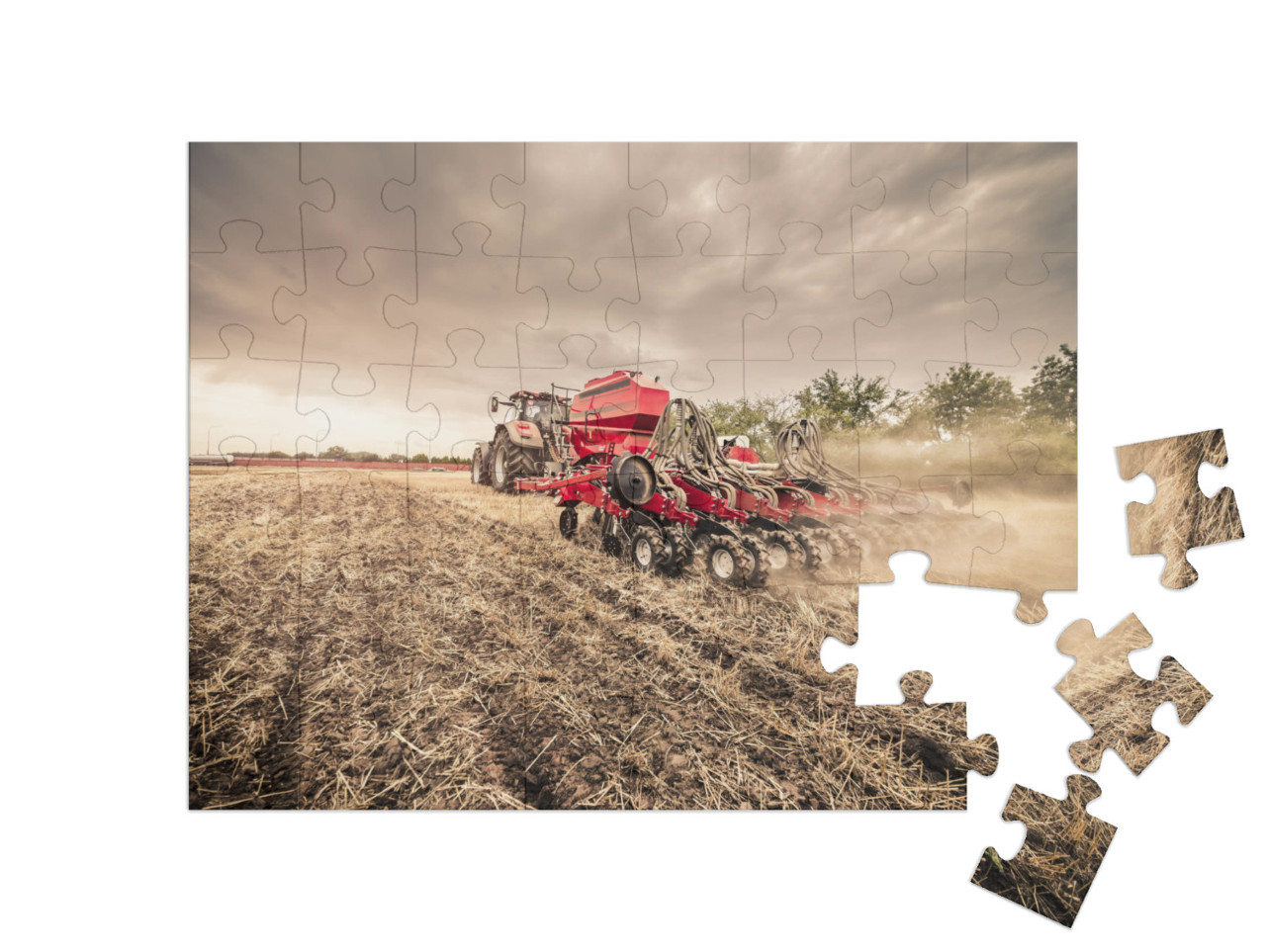 Modern Red Tractor with Red Implement Seeding Directly In... Jigsaw Puzzle with 48 pieces