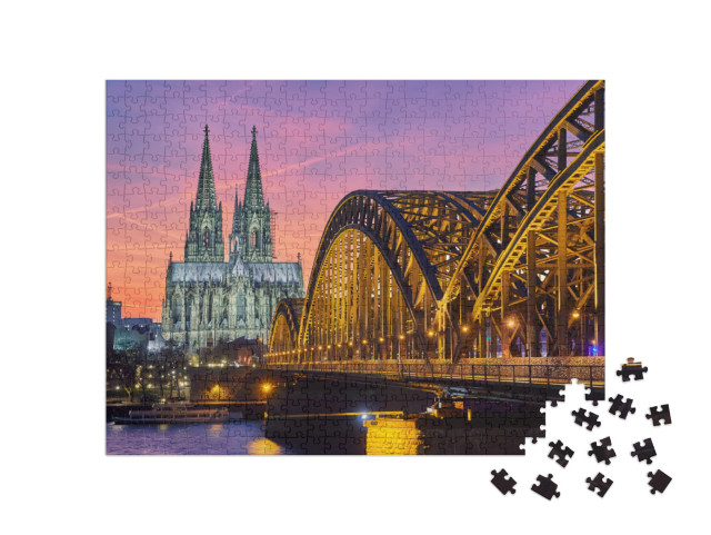 Cologne Cathedral & Hohenzollern Bridge At Sunset / Night... Jigsaw Puzzle with 500 pieces