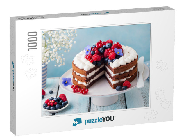 Chocolate Cake with Whipped Cream & Fresh Berries. Blue W... Jigsaw Puzzle with 1000 pieces