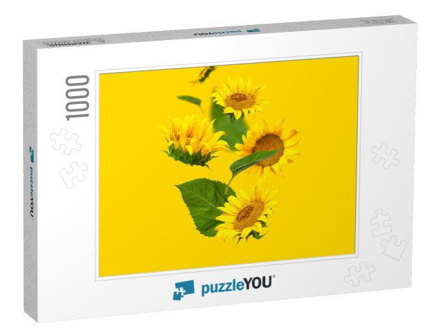 Flying Yellow Sunflowers, Green Leaves on Yellow Backgrou... Jigsaw Puzzle with 1000 pieces