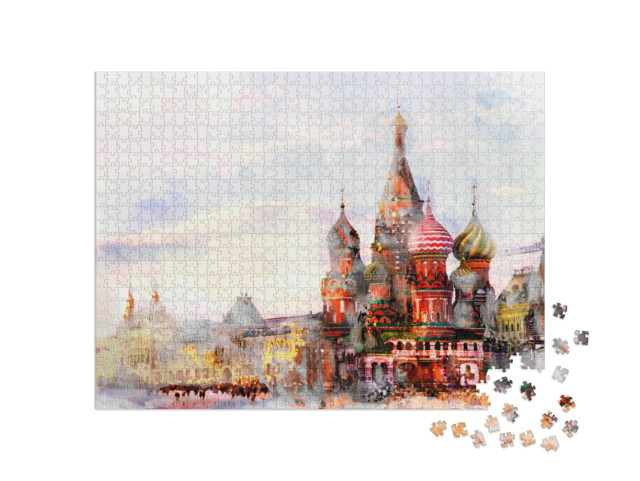 Water Color Painting of Moscow City Sunset, St. Basils Ca... Jigsaw Puzzle with 1000 pieces