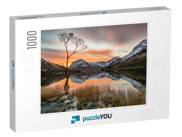 Vibrant Orange Sunrise with Moving Clouds & Snowcapped Mo... Jigsaw Puzzle with 1000 pieces