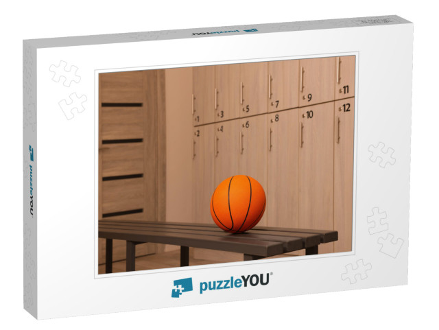 Orange Basketball Ball on Wooden Bench in Locker Room... Jigsaw Puzzle