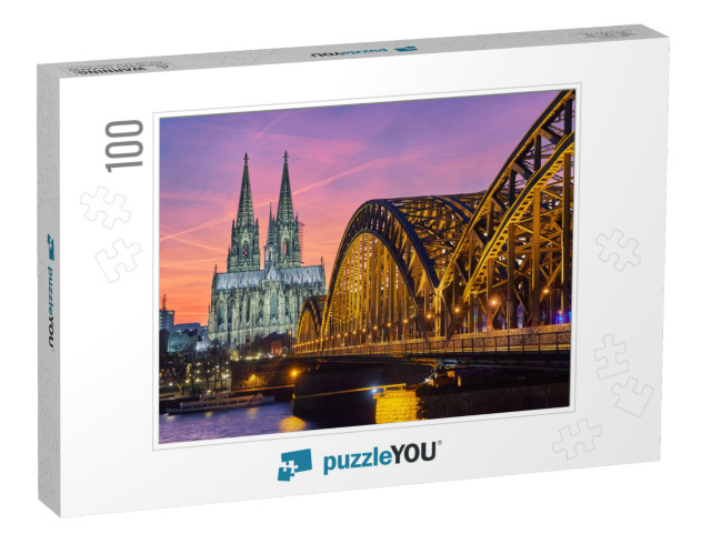 Cologne Cathedral & Hohenzollern Bridge At Sunset / Night... Jigsaw Puzzle with 100 pieces