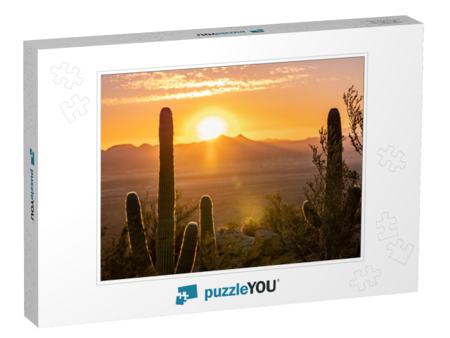 Arizona Desert Landscape with Saguaro Cactus At Sunset... Jigsaw Puzzle