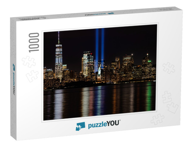 9/11 Memorial Lights with Statue of Liberty Shot from New... Jigsaw Puzzle with 1000 pieces