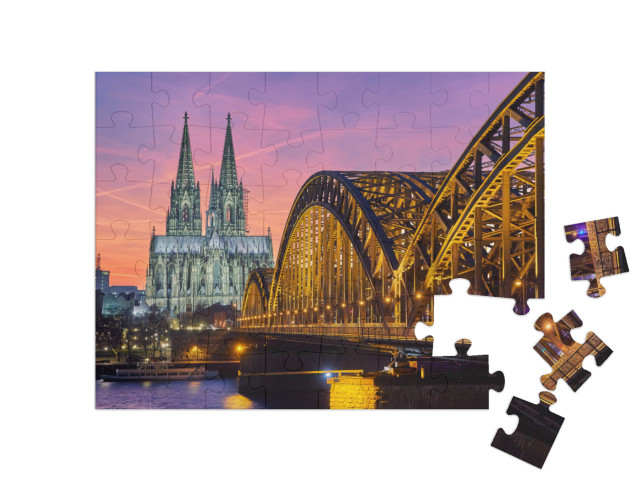 Cologne Cathedral & Hohenzollern Bridge At Sunset / Night... Jigsaw Puzzle with 48 pieces