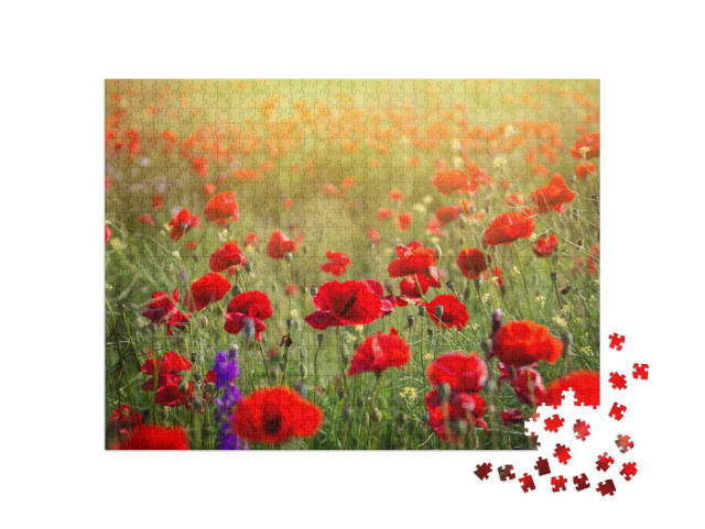 Vivid Poppy Field. Beautiful Red Poppy Flowers on Green F... Jigsaw Puzzle with 1000 pieces