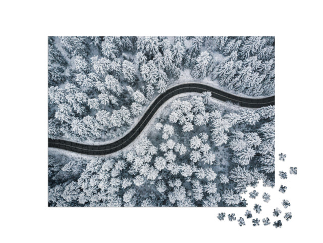 Curvy Windy Road in Snow Covered Forest, Top Down Aerial... Jigsaw Puzzle with 1000 pieces